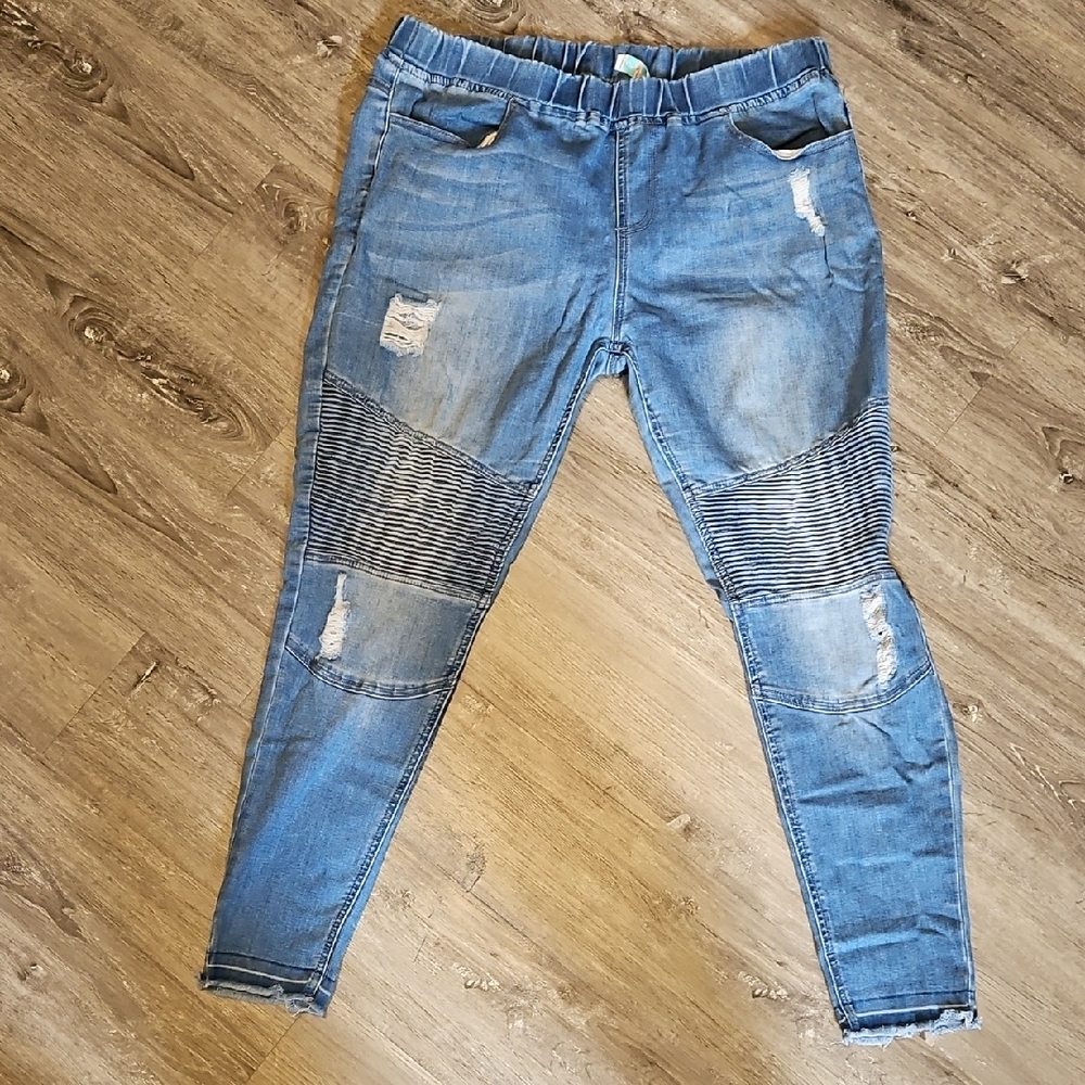 Grace & Lace Blue Jeggings with Ribbed Knee Panels